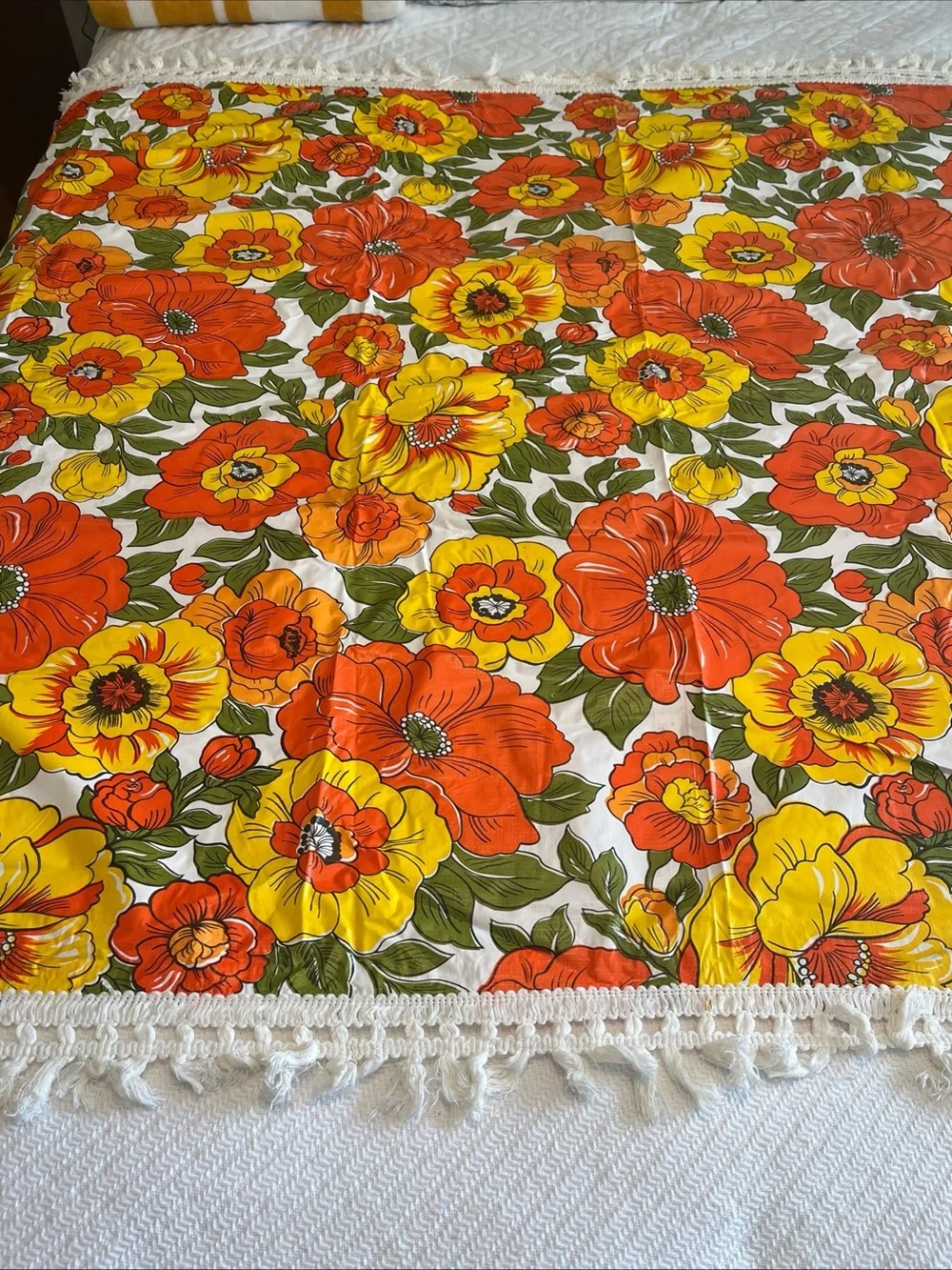Vintage MCM Floral Orange & Yellow Tablecloth with Fringe 83x43